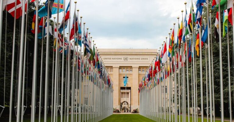 International Sanctions - From below of various flags on flagpoles located in green park in front of entrance to the UN headquarters in Geneva