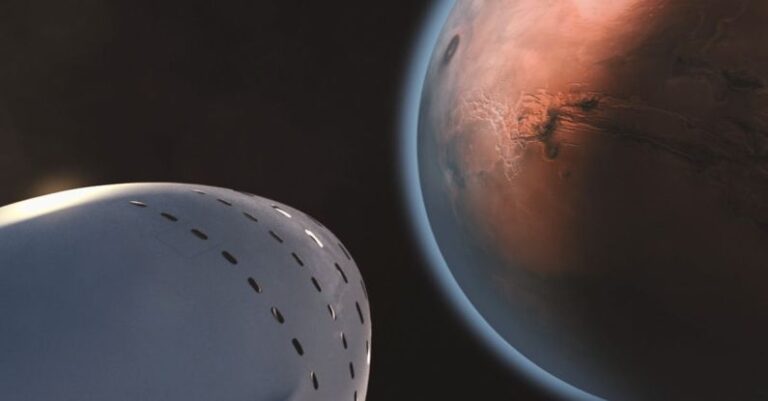 Mars Exploration - White Space Ship and Brown Planet